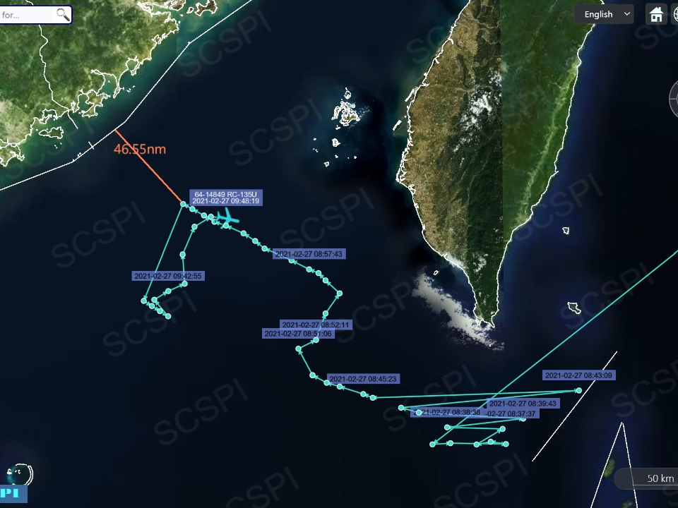 美軍RC-135U偵察機 逼近大陸廣東偵察